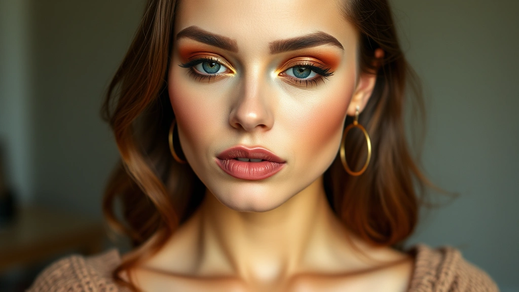 Full face makeup tutorial showing gingerbread aesthetic with warm brown and gold eyeshadow, terracotta blush, cream base, and warm nude-brown lip color on model with natural lighting