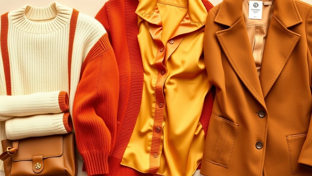 Flat lay of gingerbread fashion wardrobe pieces including cream sweater, rust-colored cardigan, honey gold silk blouse, cinnamon brown velvet blazer, and camel coat arranged to show warm color harmony