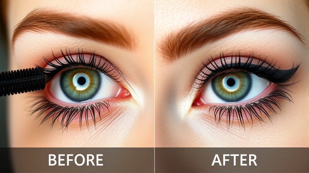 Before and after mascara application results showing lash transformation, dramatic eye makeup comparison, professional beauty photography with clear definition