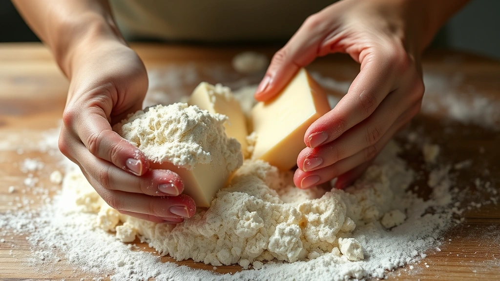 Hands working cold butter into flour mixture for pie crust, close-up showing breadcrumb texture, flour dusting on wooden surface, natural daylight