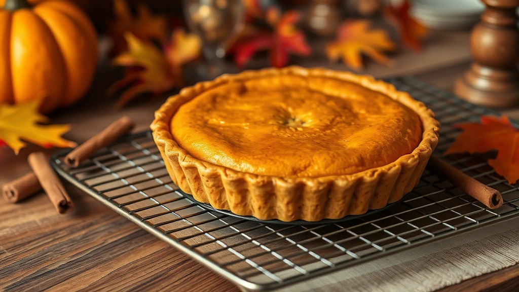 Finished sweet potato pie cooling on wire rack, whole pie in focus with golden top, steam rising slightly, autumn table setting with cinnamon sticks and fresh nutmeg visible nearby