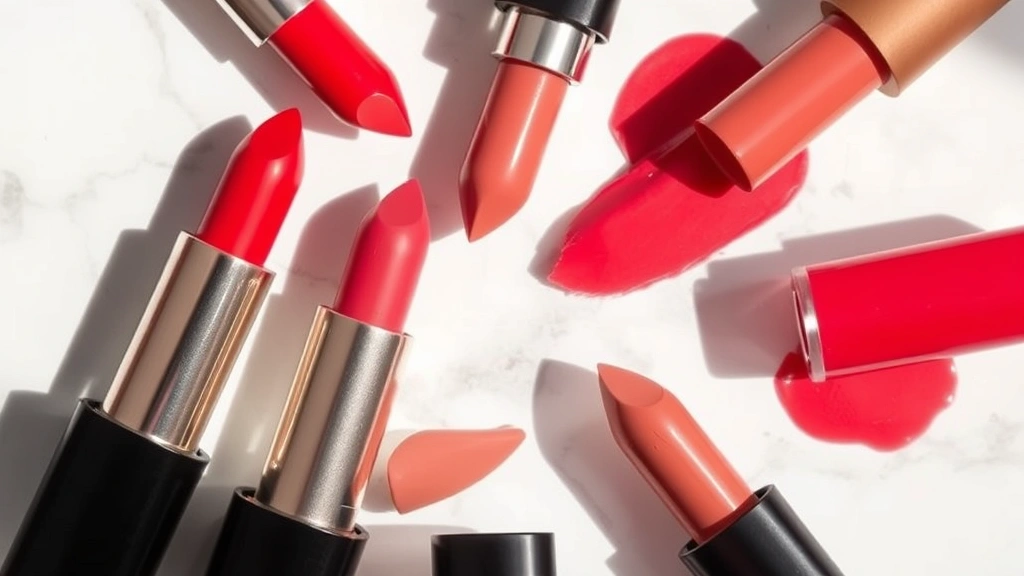 Beauty flat lay featuring five different lipstick shades in red, coral, berry, nude, and wine colors arranged artistically on a white marble surface with natural shadows