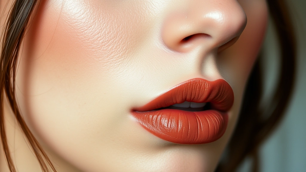 Close-up of smudged brown eyeliner and nude matte lipstick on fair complexion, soft natural lighting, grunge aesthetic makeup look