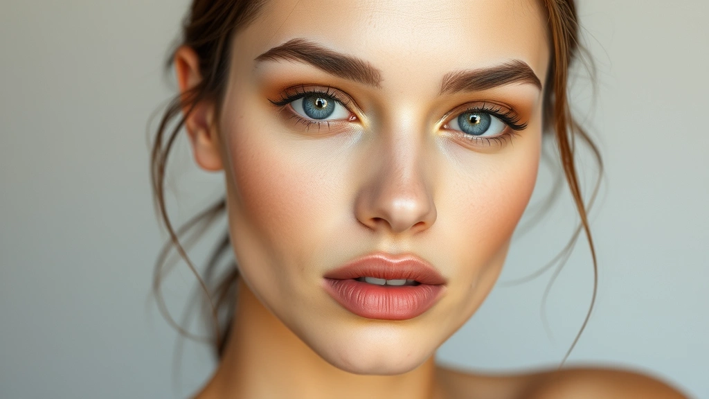 Model with flawless dewy skin, subtle brown eyeshadow, and natural nude lip, demonstrating skincare-focused 90s beauty philosophy