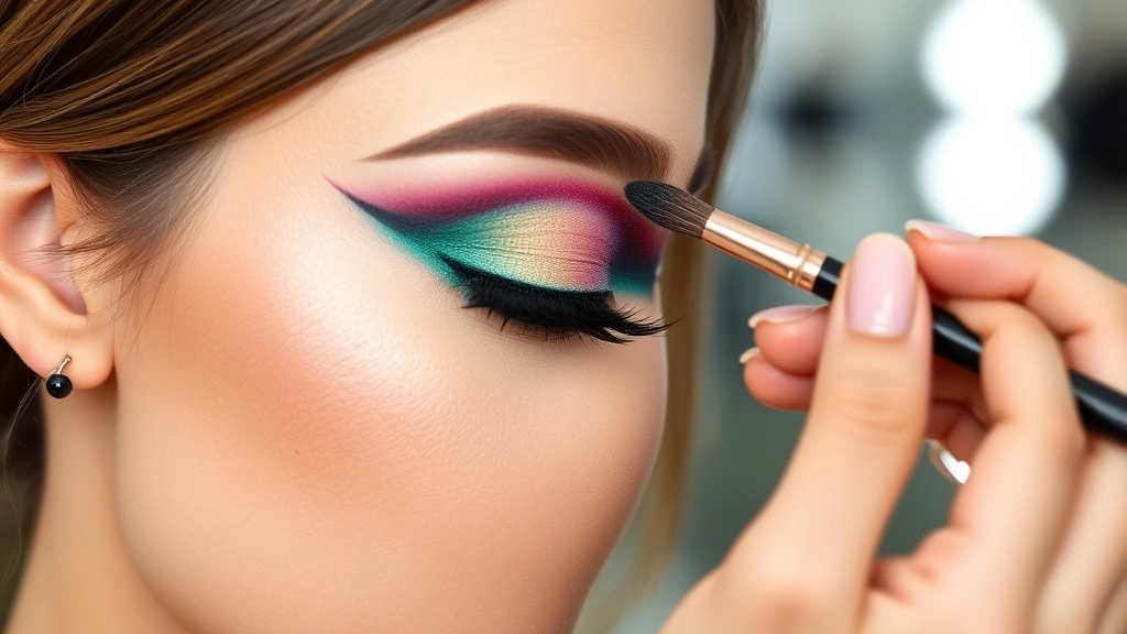 Professional makeup artist applying vibrant jewel-toned eyeshadow with precision brush, showing chromatic makeup technique with emerald and sapphire colors blending on eyelid