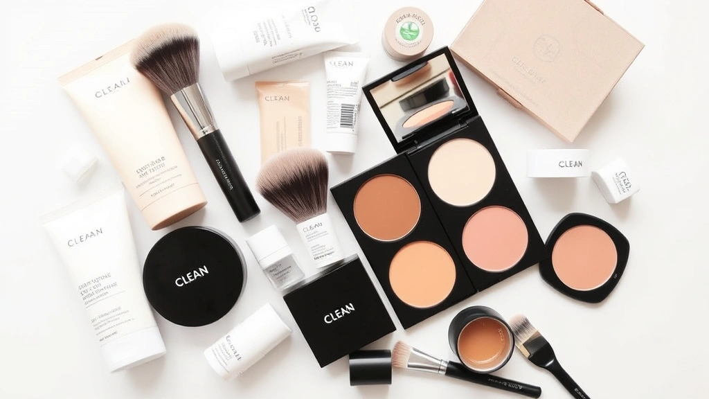Flat lay arrangement of clean beauty makeup products including sustainable packaging, natural bristle brushes, cream and powder contour palettes, and eco-friendly cosmetic containers