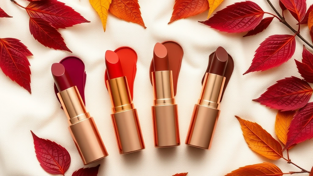 Flat lay arrangement of five different fall lipstick shades including burgundy, terracotta, rust, chocolate brown, and deep berry on a cream fabric background with autumn leaves