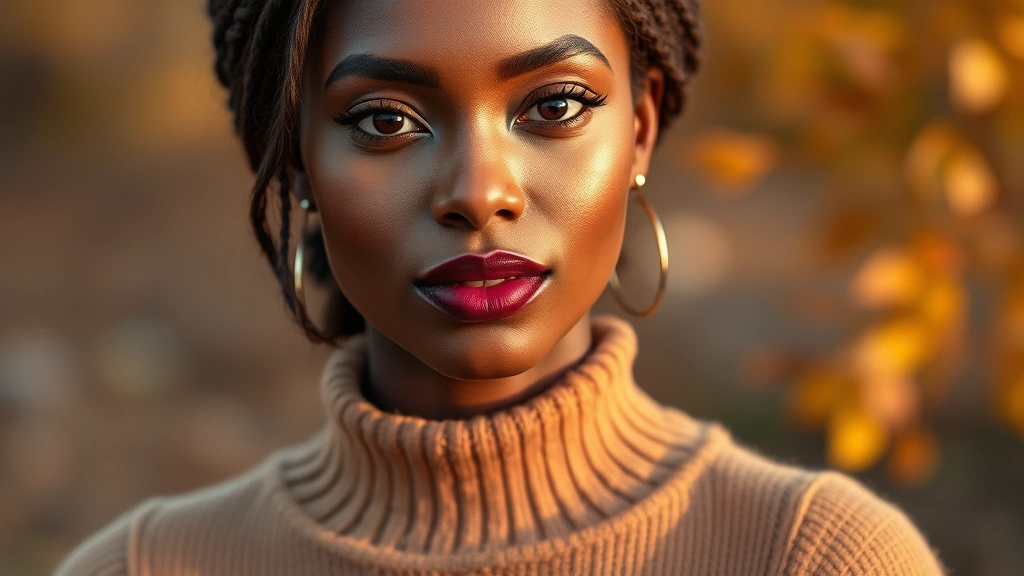 Woman with deep skin tone wearing bold plum berry lipstick, professional makeup lighting, wearing a warm-toned camel sweater, natural autumn setting with soft golden light