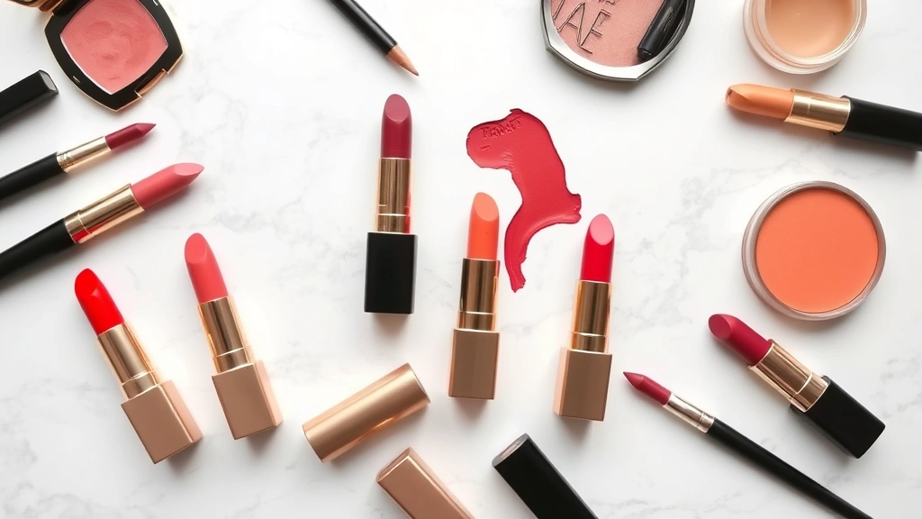 Flatlay arrangement of luxury lipstick tubes in various shades including reds, nudes, berries, and corals, arranged artfully on a marble surface with makeup brushes and beauty products