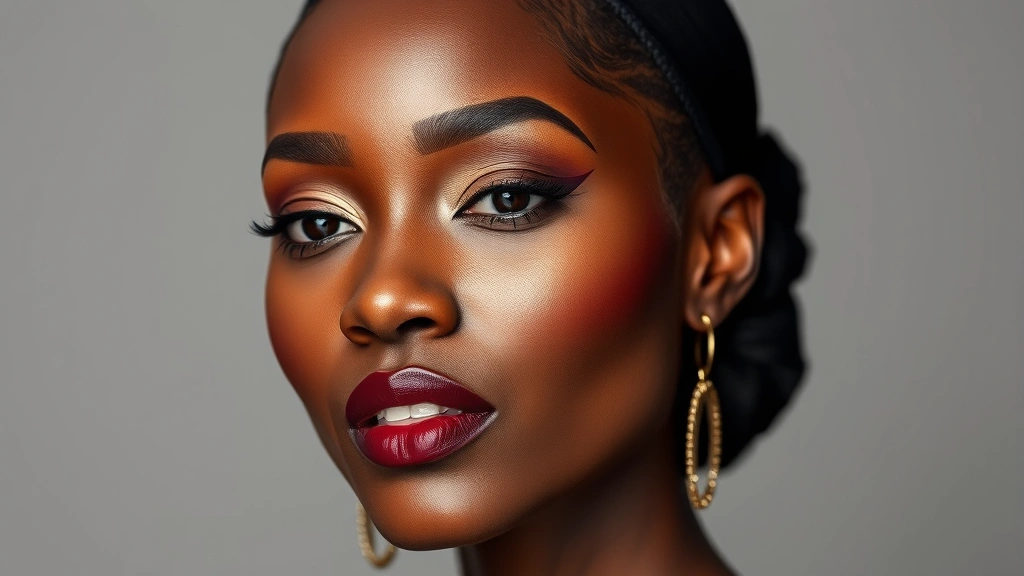 Portrait of a Black woman with flawless skin and bold burgundy lipstick, defined arched eyebrows, warm bronze highlights on cheekbones, glamorous 1920s-inspired makeup, studio photography with soft professional lighting