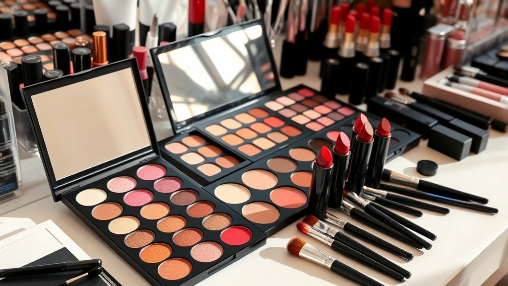 Makeup artist's workspace showing open eyeshadow palettes with jewel tones and earth tones, burgundy and red lipsticks arranged, professional brushes, natural lighting on beauty products, organized cosmetics display