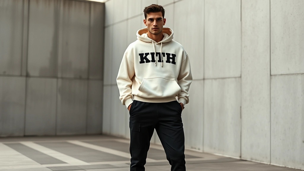 Professional male fashion model wearing oversized cream-colored Kith hoodie and tapered black trousers, standing in minimalist urban setting with concrete walls, confident relaxed pose, natural lighting, high-fashion editorial style photography