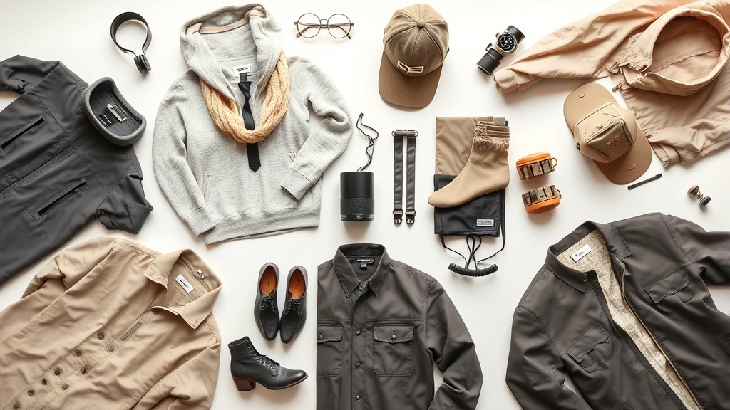 Flat lay of collaborative fashion collection pieces including neutral-toned garments, technical fabrics, and accessories arranged artfully on light background, showcasing design details and craftsmanship, professional product photography style