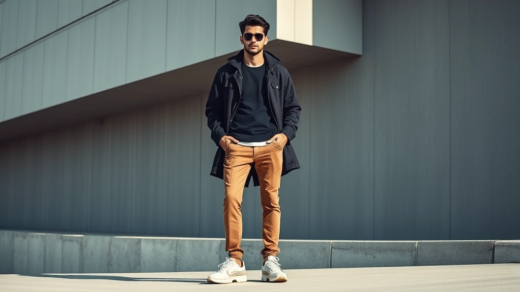 Male model in complete outfit featuring monochromatic styling with layered pieces in varying textures, wearing distinctive sneakers, posed against modern architectural backdrop with natural shadows, editorial fashion photography aesthetic