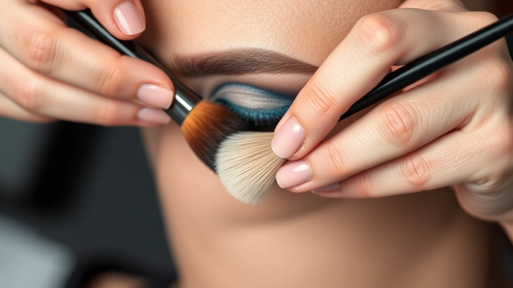 Professional makeup artist's hands blending denim eyeshadow using windshield wiper technique with fluffy brush, creating seamless transitions