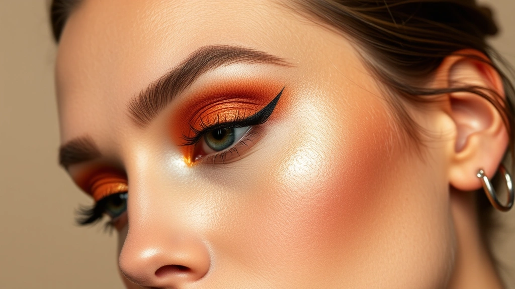 Close-up of a woman's face showcasing warm terracotta and gold eyeshadow with winged eyeliner, natural dewy skin, and burnt orange lip color against a neutral background