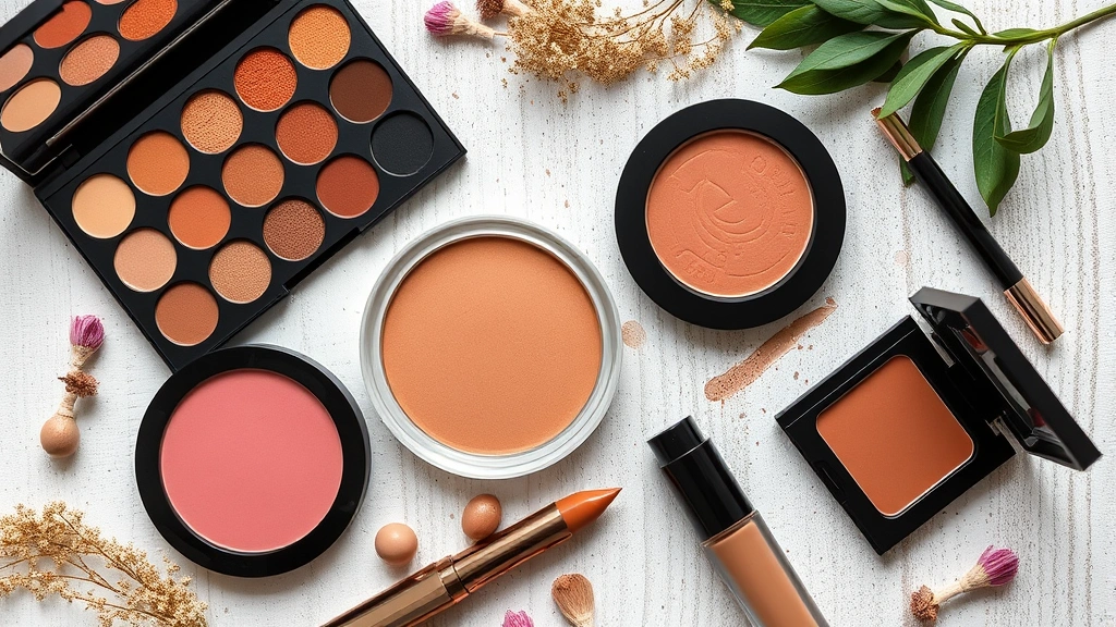 Overhead flat lay displaying hippie makeup essentials: earth-toned eyeshadow palette, cream blush, liquid eyeliner, bronze highlighter, and natural lip colors arranged artistically