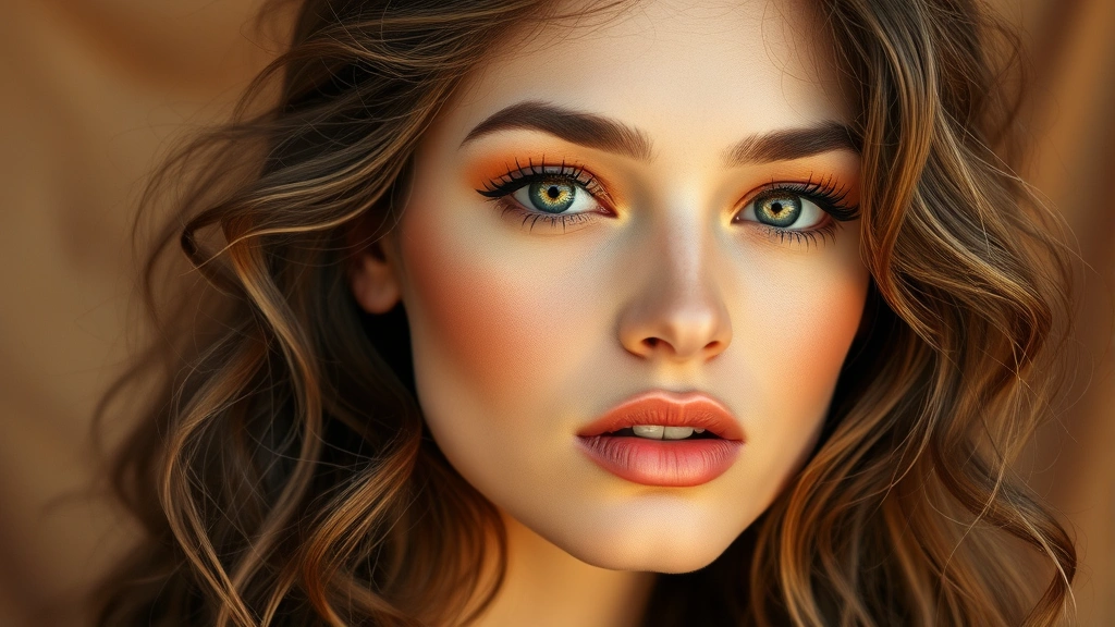 Portrait of a model with complete hippie makeup featuring soft-blended warm browns and golds on eyes, peachy-bronze blush, textured waves in hair, and warm-toned lips with natural glow