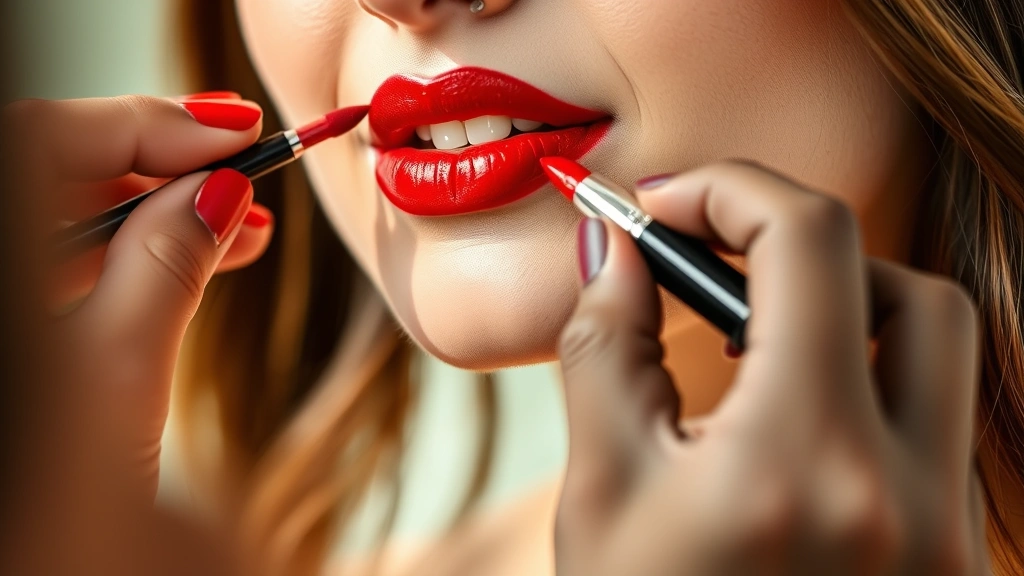 Professional makeup artist applying bold red lipstick to a woman's lips in natural lighting, close-up shot showing precise lip liner and vibrant color payoff