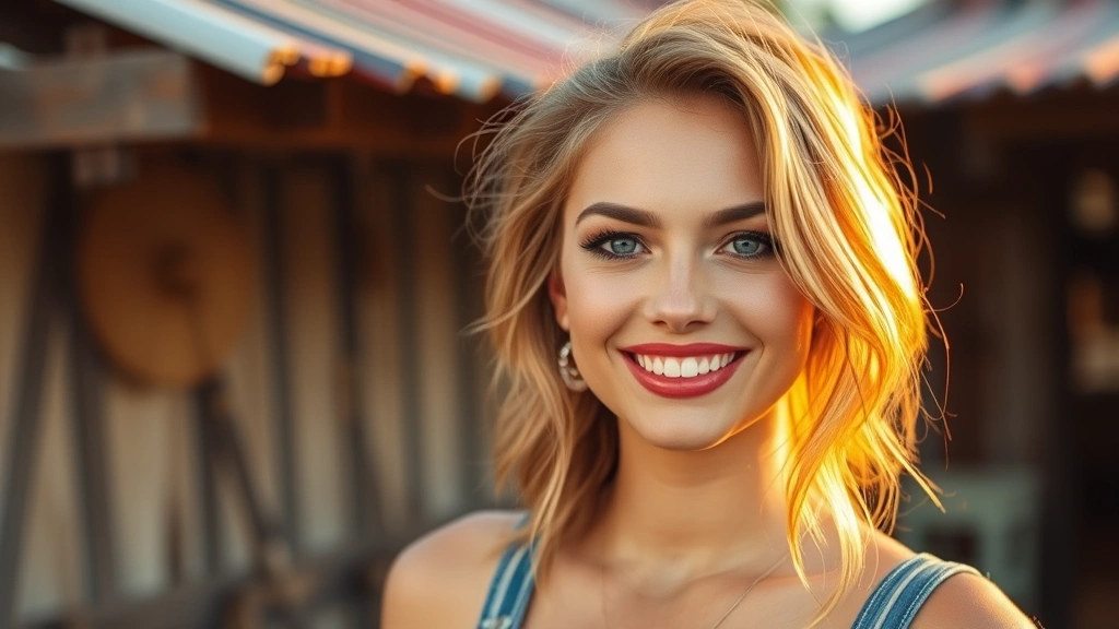 Country-style woman with warm peachy-nude lipstick, golden hour lighting, natural glow, outdoor setting with rustic elements, smiling confidently