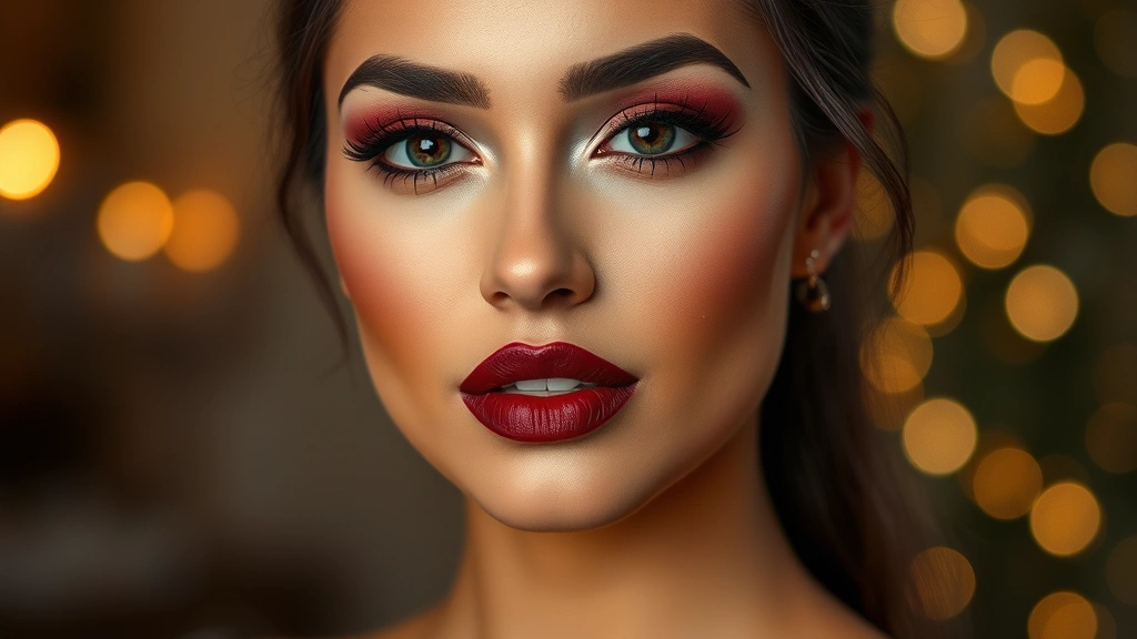 Evening makeup look featuring deep burgundy wine-toned lipstick on a woman with medium skin tone, soft romantic lighting, polished professional appearance