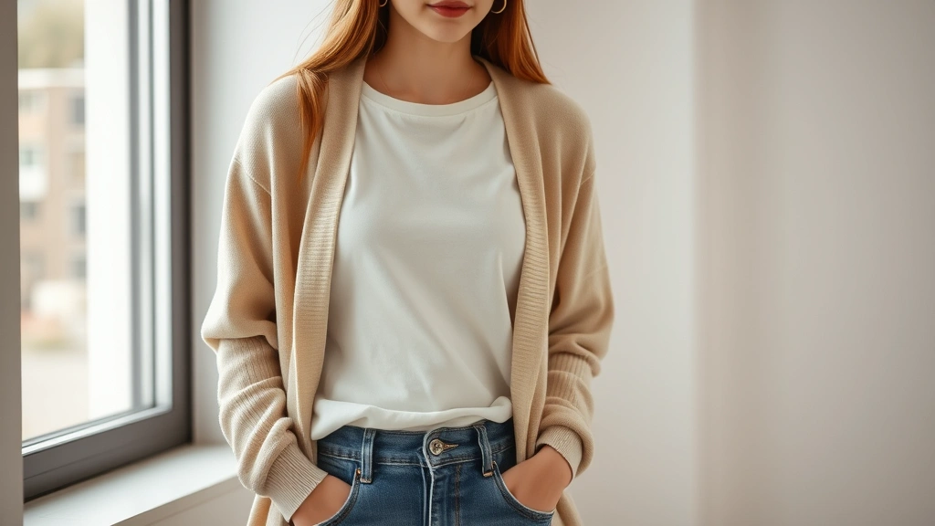 A lifestyle photograph of a young woman wearing layered neutral Uniqlo basics including a plain white t-shirt, simple beige cardigan, and classic denim, styled in a minimalist modern aesthetic, natural indoor lighting from a window, casual comfortable pose showing how basics can be versatile and timeless, no visible logos or text