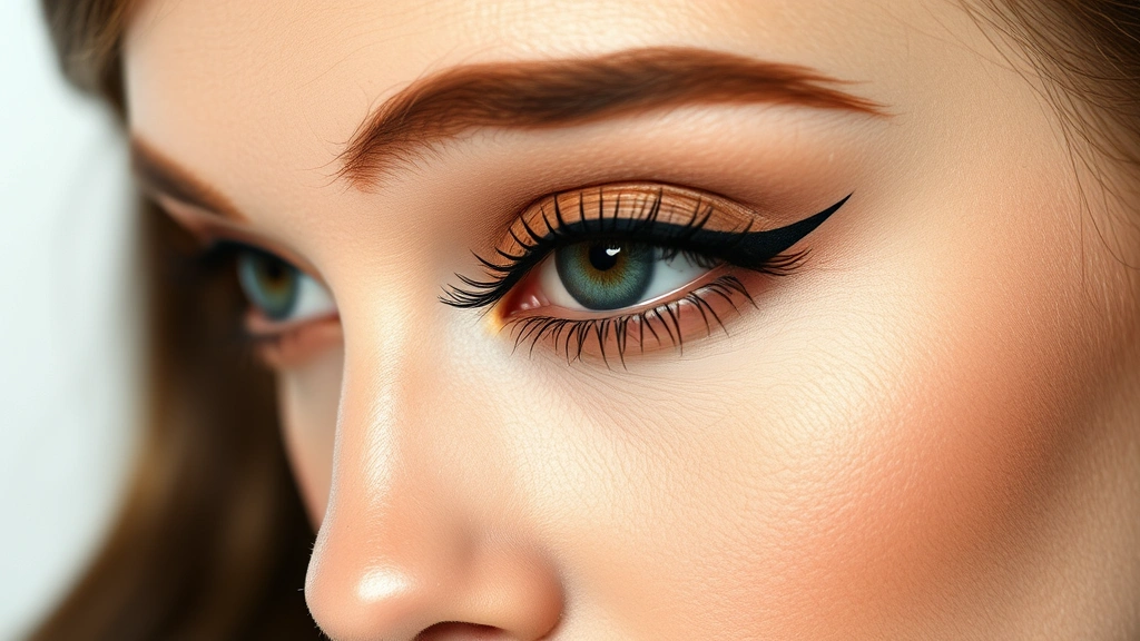 Close-up of a woman's face with perfectly groomed, natural-looking eyebrows, soft neutral eyeshadow in champagne and taupe tones, precise black eyeliner on upper lash line with subtle wing, and black mascara on upper lashes, professional studio lighting, 1960s-inspired elegant makeup aesthetic