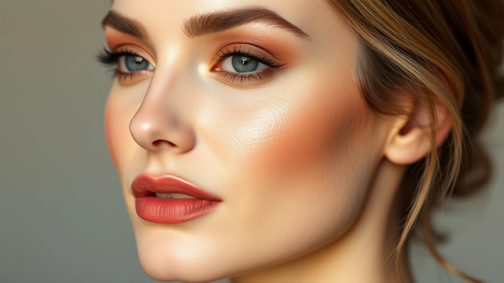 Portrait of a woman with luminous, flawless complexion, warm peachy-pink lip color with defined lip liner, soft brown eyeshadow with dimension in the crease, champagne highlight on inner eye corner, natural-looking brows framing the face, professional makeup artistry, elegant and refined appearance