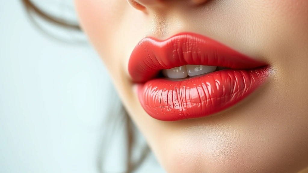Close-up detail shot of a woman's lips wearing warm coral-pink lipstick with precise lip liner definition, soft focus background, professional beauty photography, classic and timeless lip color presentation, polished and sophisticated makeup finish