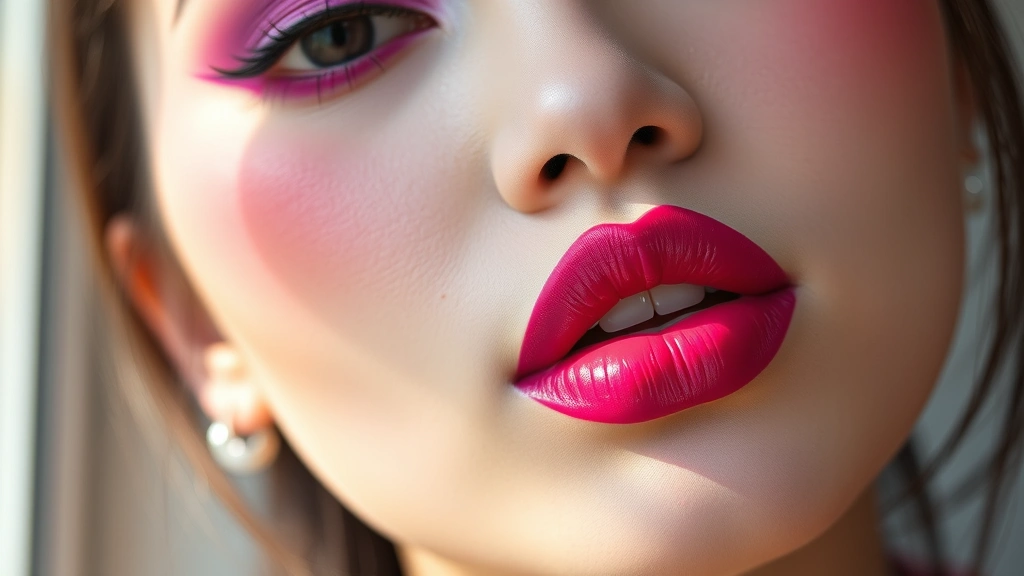 Close-up of a person's face wearing jirai kei makeup with bold purple and pink eyeshadow, glossy plump lips in hot pink, and luminous glowing skin with bright highlight on cheekbones and nose, shot in soft natural window lighting