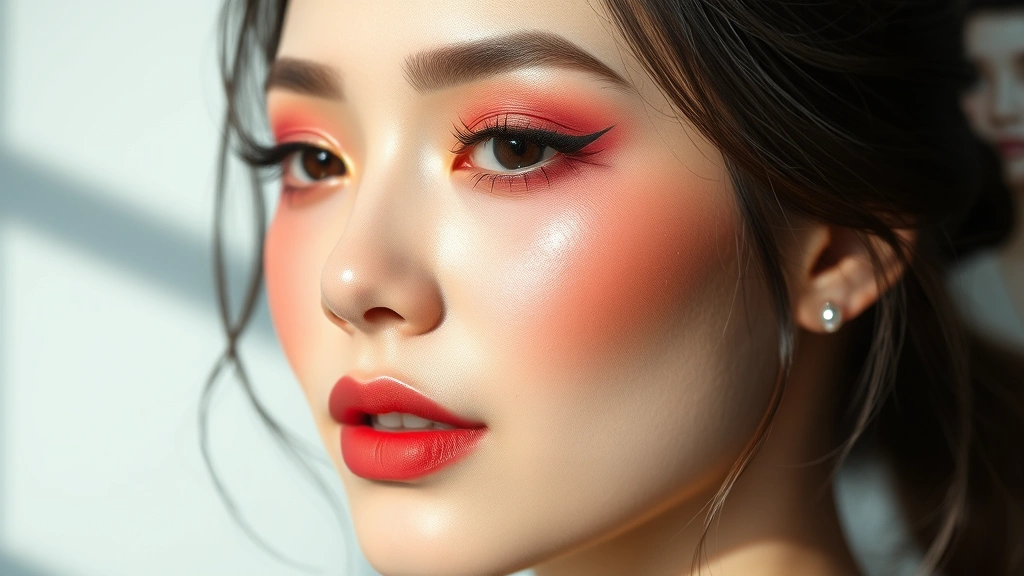 Full face jirai kei makeup look showing dewy complexion with strategic highlight placement, multiple blush shades creating dimension on cheeks, bold colored lips with glossy finish, and complete eye makeup with gems or stickers, captured in soft flattering light