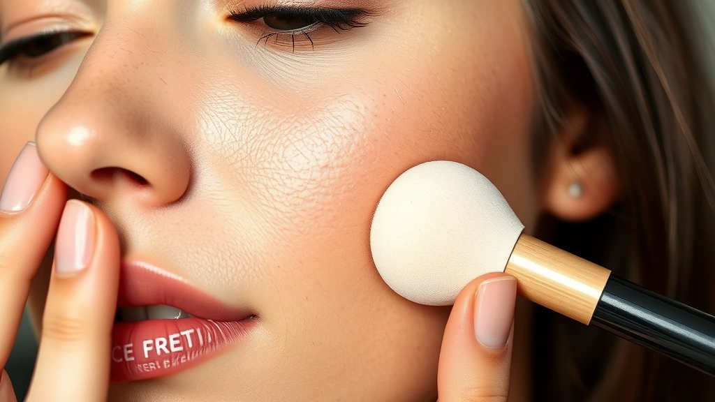 Close-up of woman with oily skin applying matte liquid foundation with beauty sponge, natural lighting showing skin texture, professional makeup artistry