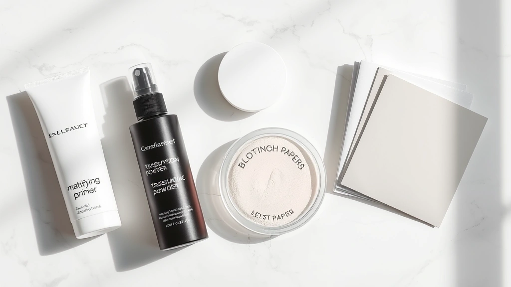 Flat lay composition of mattifying primer, translucent powder, setting spray, and blotting papers arranged on white marble surface with soft shadows
