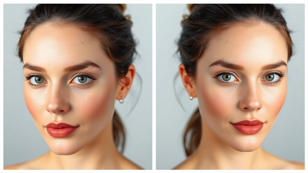 Before and after makeup application on oily skin model wearing full face of matte foundation, T-zone clearly visible showing oil control, studio lighting