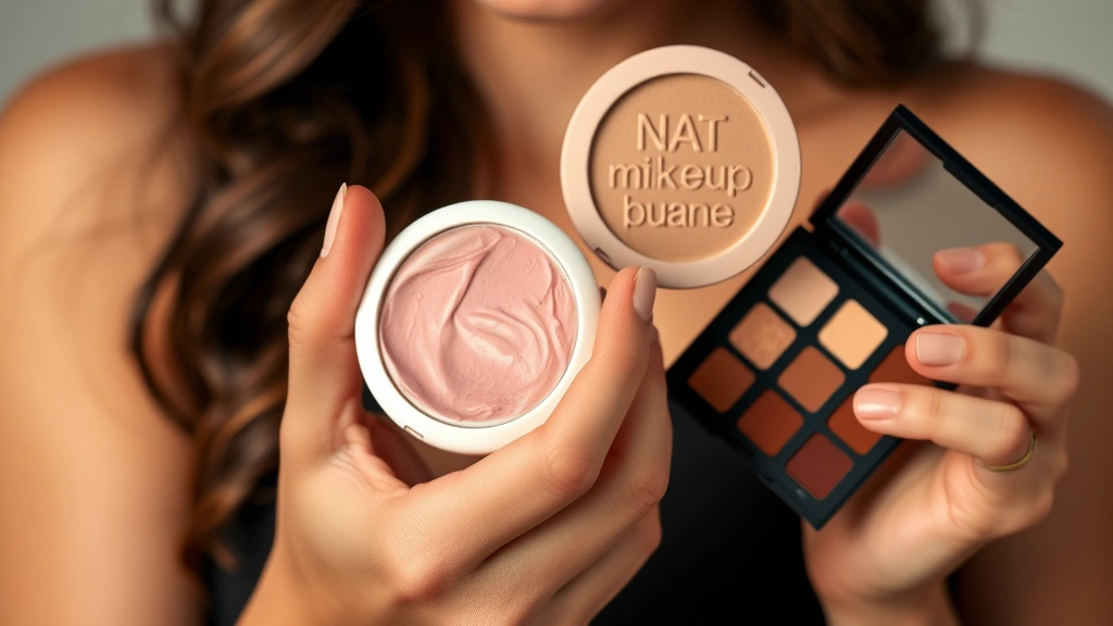 Close-up of diverse hands holding minimalist makeup products including cream blush, tinted moisturizer, and natural eyeshadow palette in warm earth tones, professional studio lighting