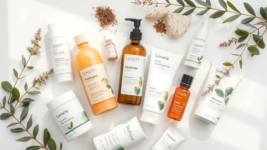 Flat lay arrangement of sustainable beauty products with recyclable packaging, botanical ingredients visible, soft natural lighting highlighting clean aesthetic and eco-conscious design