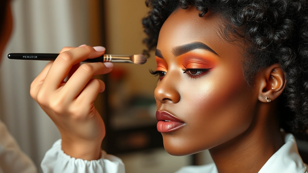 Beauty artist applying warm terracotta eyeshadow with precision brush on model with diverse skin tone, demonstrating professional makeup technique and color theory application