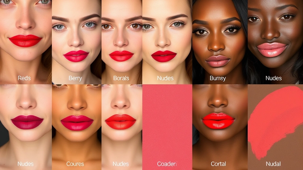 Diverse collection of lipstick swatches displayed on various skin tones showing reds, berries, nudes, and corals, demonstrating color versatility and undertone matching for different complexions