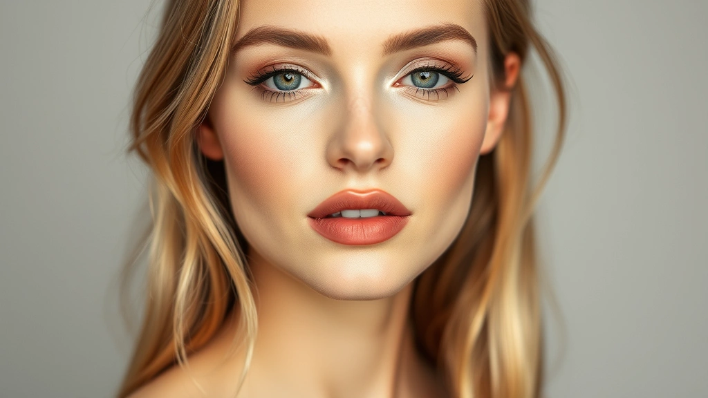 Woman with perfectly applied nude lipstick shade paired with soft eyeshadow, showing daytime makeup look with flawless lip application and natural radiance, professional beauty photography