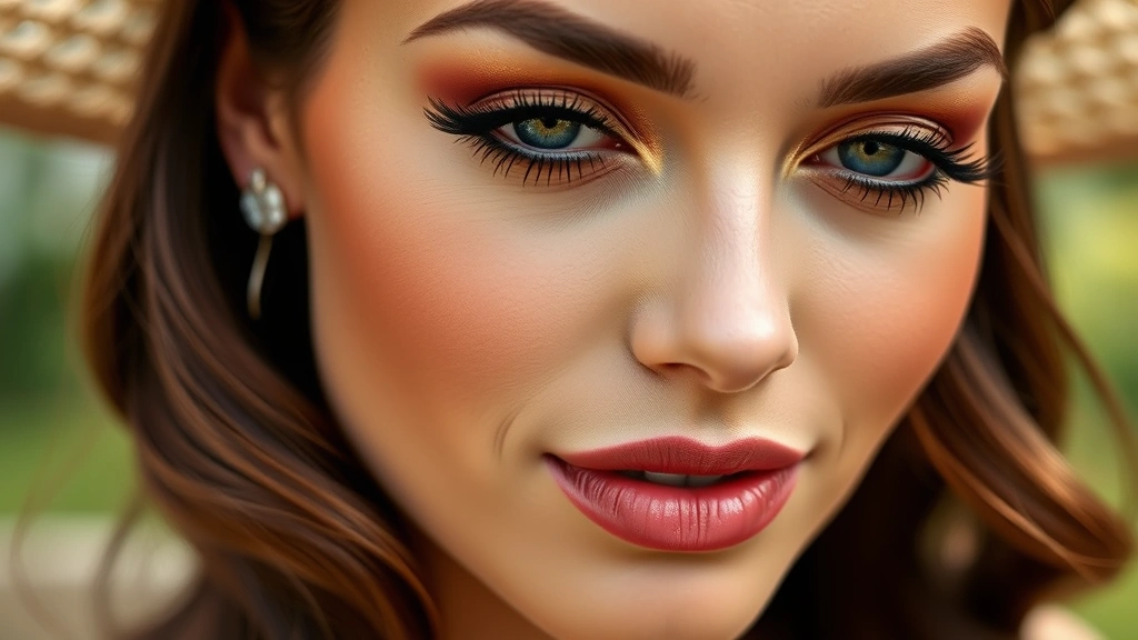 Close-up of a woman's face with professionally applied warm-toned eyeshadow, bronze highlighter, and nude-pink lipstick, outdoor natural lighting, Kentucky Derby fashion theme