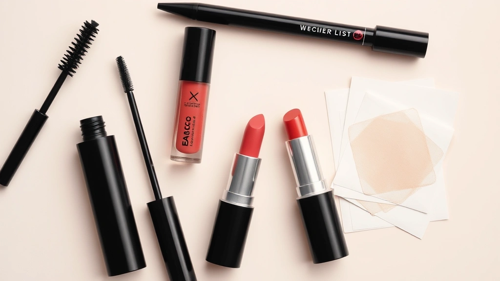 Beauty flat lay showing waterproof makeup products including mascara, liquid lipstick, setting spray, and blotting papers arranged artistically on a light background