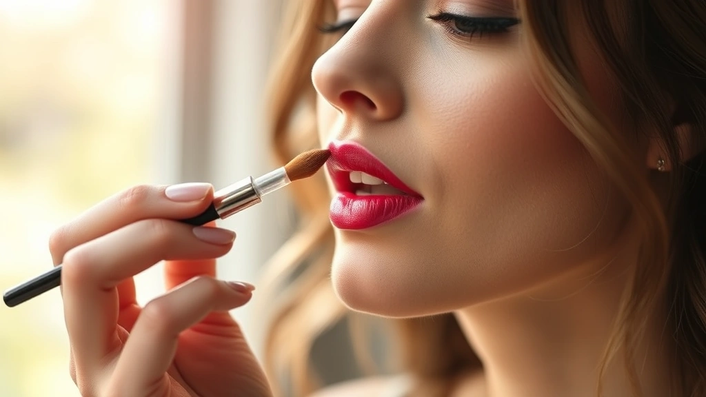 Woman applying liquid lipstick with precision using a lip brush, natural daylight streaming in, professional makeup application technique demonstration
