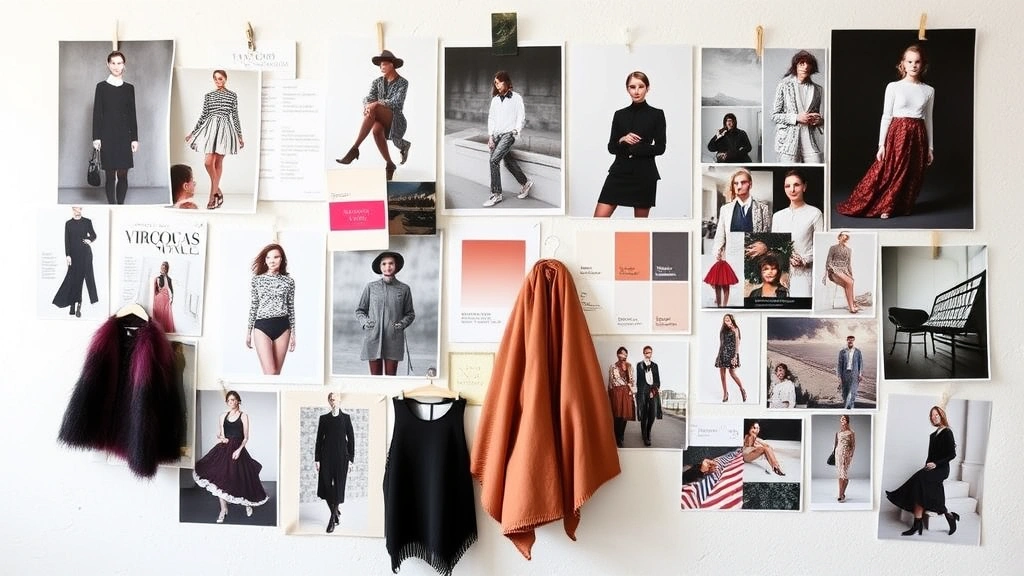 Fashion mood board or inspiration collection displayed on a wall with pinned images, fabric swatches, color palette samples, and style inspiration photos creating a cohesive visual narrative