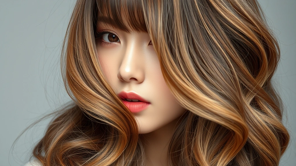 Woman with layered curtain bangs framing her face, soft waves, warm honey-toned highlights, natural makeup, professional beauty photography, elegant Korean styling