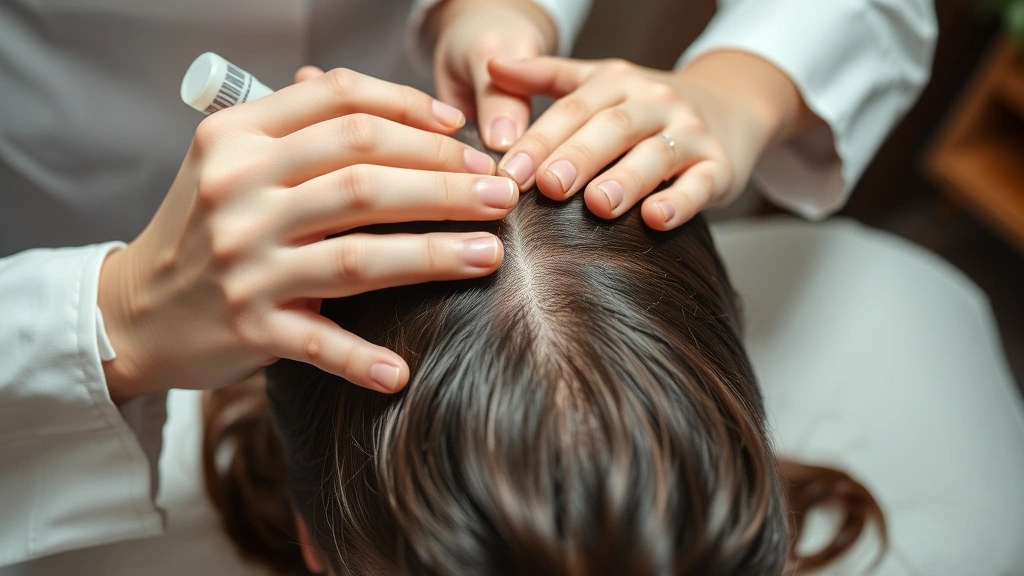 Professional scalp treatment being performed, hands massaging with serums, healthy scalp close-up, spa-like setting, Korean beauty treatment ambiance, clinical yet luxurious
