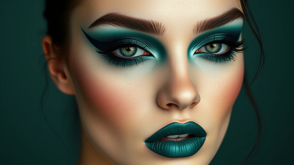 Artistic monochromatic makeup look in deep emerald tones ranging from light shadow to dark graphic liner, complemented by matching lip color, editorial beauty photography with professional styling
