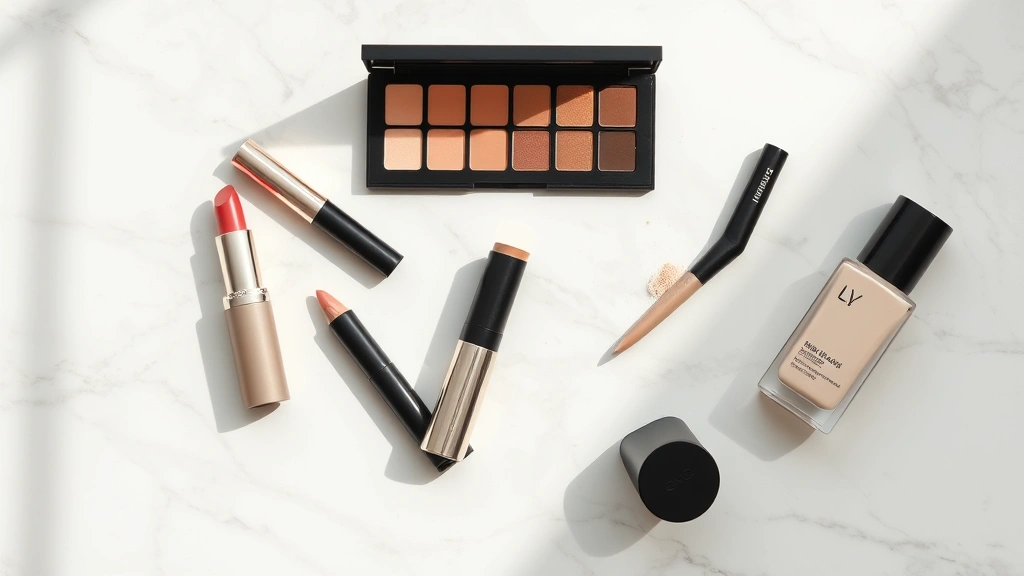 Flat lay of luxury makeup products including premium lipstick, eyeshadow palette, and foundation bottle arranged on elegant marble surface with soft natural shadows and minimalist aesthetic