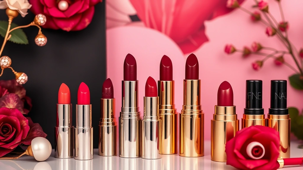 Luxury makeup collection display featuring multiple lipstick shades in jewel tones and metallics arranged artfully with decorative elements, sophisticated color gradient arrangement showing trending hues