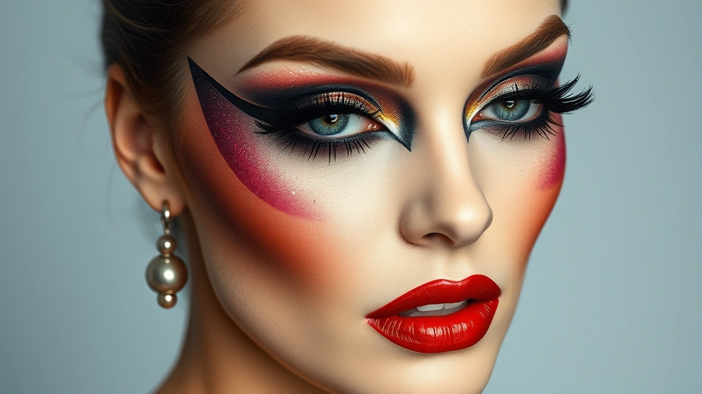 Dramatic theatrical 1980s makeup look with jewel-tone eyeshadow applied in geometric patterns, heavy black eyeliner with false lashes, metallic highlights on cheekbones, matte red lips, porcelain skin tone, professional makeup artistry demonstration