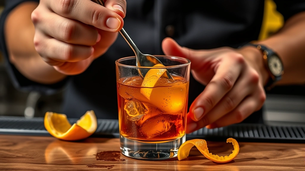 Close-up of hands muddling maple syrup and Angostura bitters in glass with bar spoon, fresh orange peel nearby, professional bartender workspace